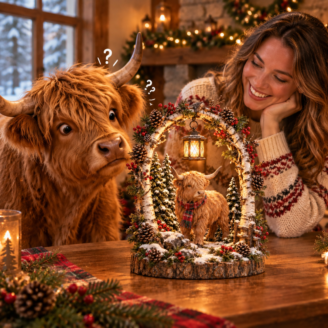 🦬 Highland Cow Christmas Woodland Lantern Decor 🎄 – Rustic Lighted Farmhouse Winter Tabletop Decoration 🎁