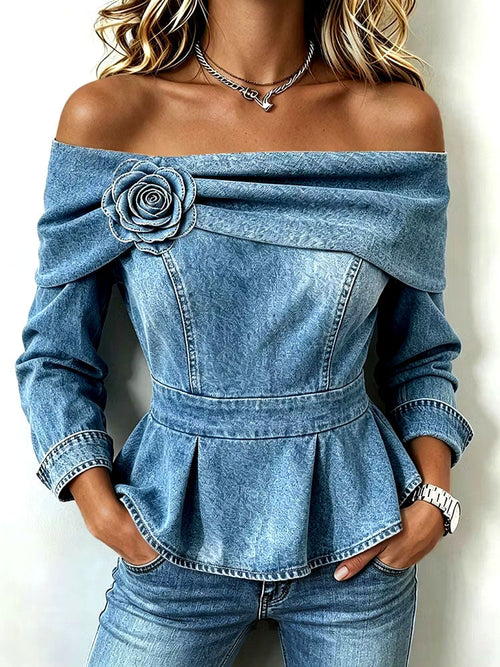 Chic Off-shoulder Denim Peplum Top