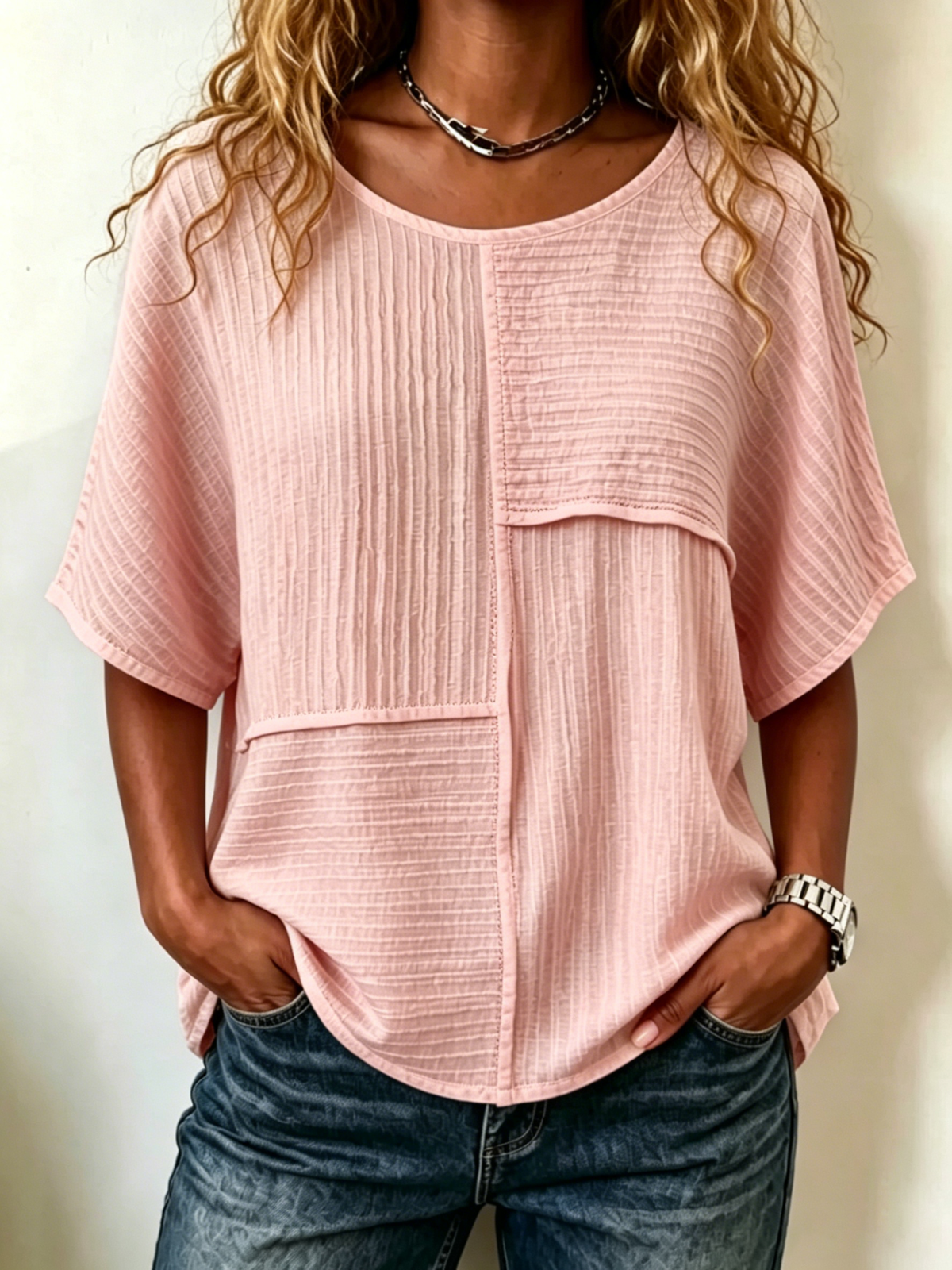 Elbow-sleeve Top With Crinkled Fabric Paneling