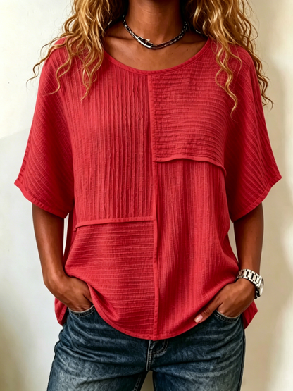 Elbow-sleeve Top With Crinkled Fabric Paneling