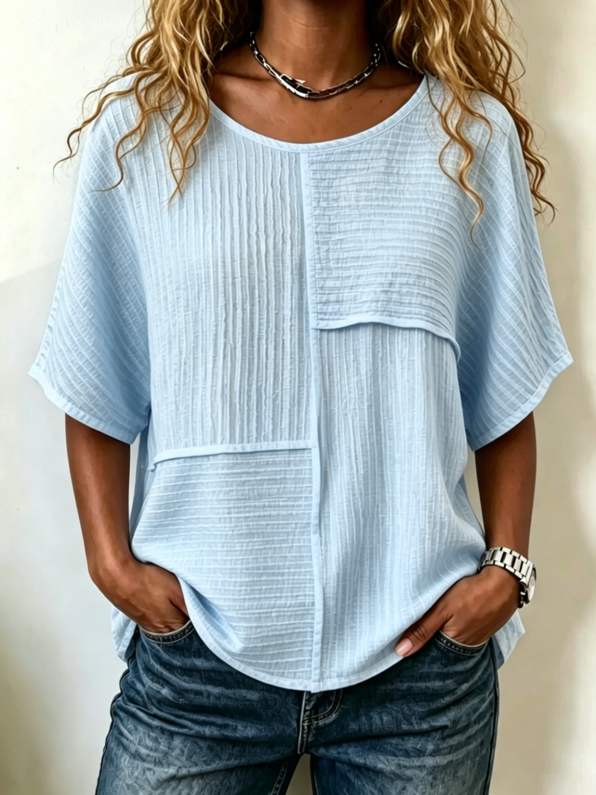 Elbow-sleeve Top With Crinkled Fabric Paneling