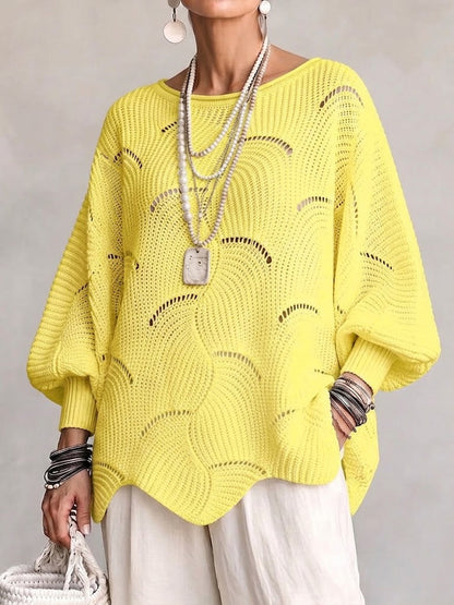 Hollow Wave Pattern Loose Lantern Sleeve Knit Top