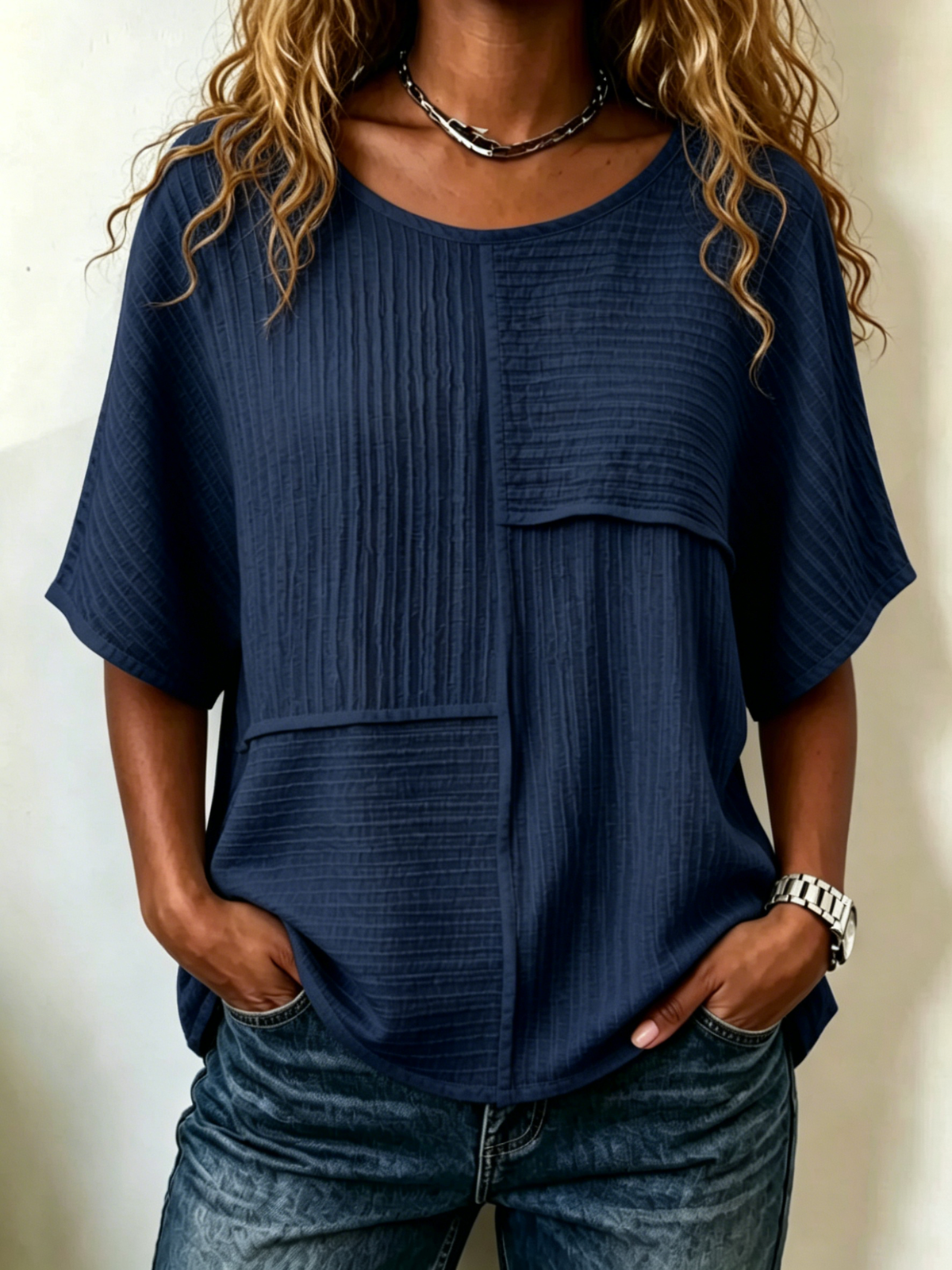 Elbow-sleeve Top With Crinkled Fabric Paneling