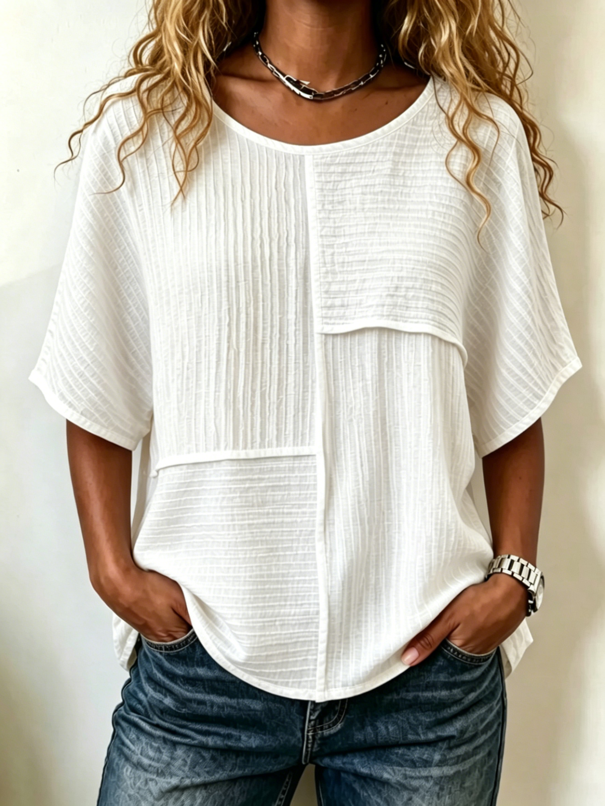 Elbow-sleeve Top With Crinkled Fabric Paneling