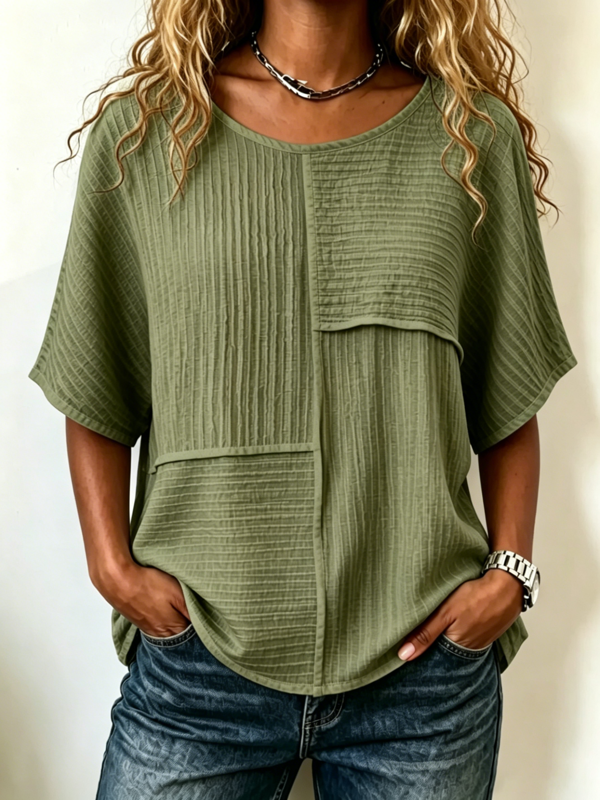 Elbow-sleeve Top With Crinkled Fabric Paneling