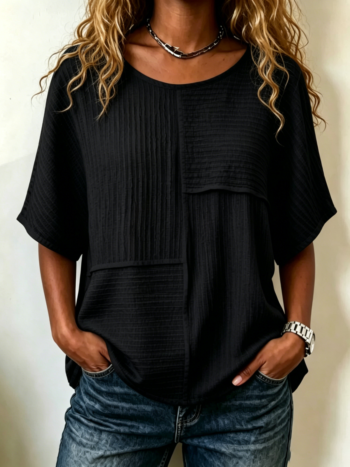 Elbow-sleeve Top With Crinkled Fabric Paneling