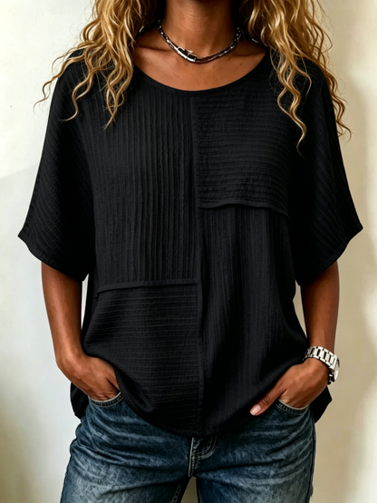 Elbow-sleeve Top With Crinkled Fabric Paneling