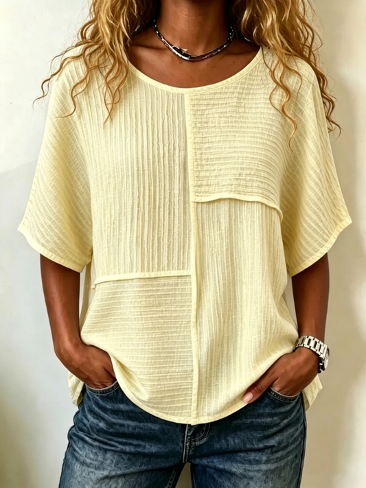 Elbow-sleeve Top With Crinkled Fabric Paneling