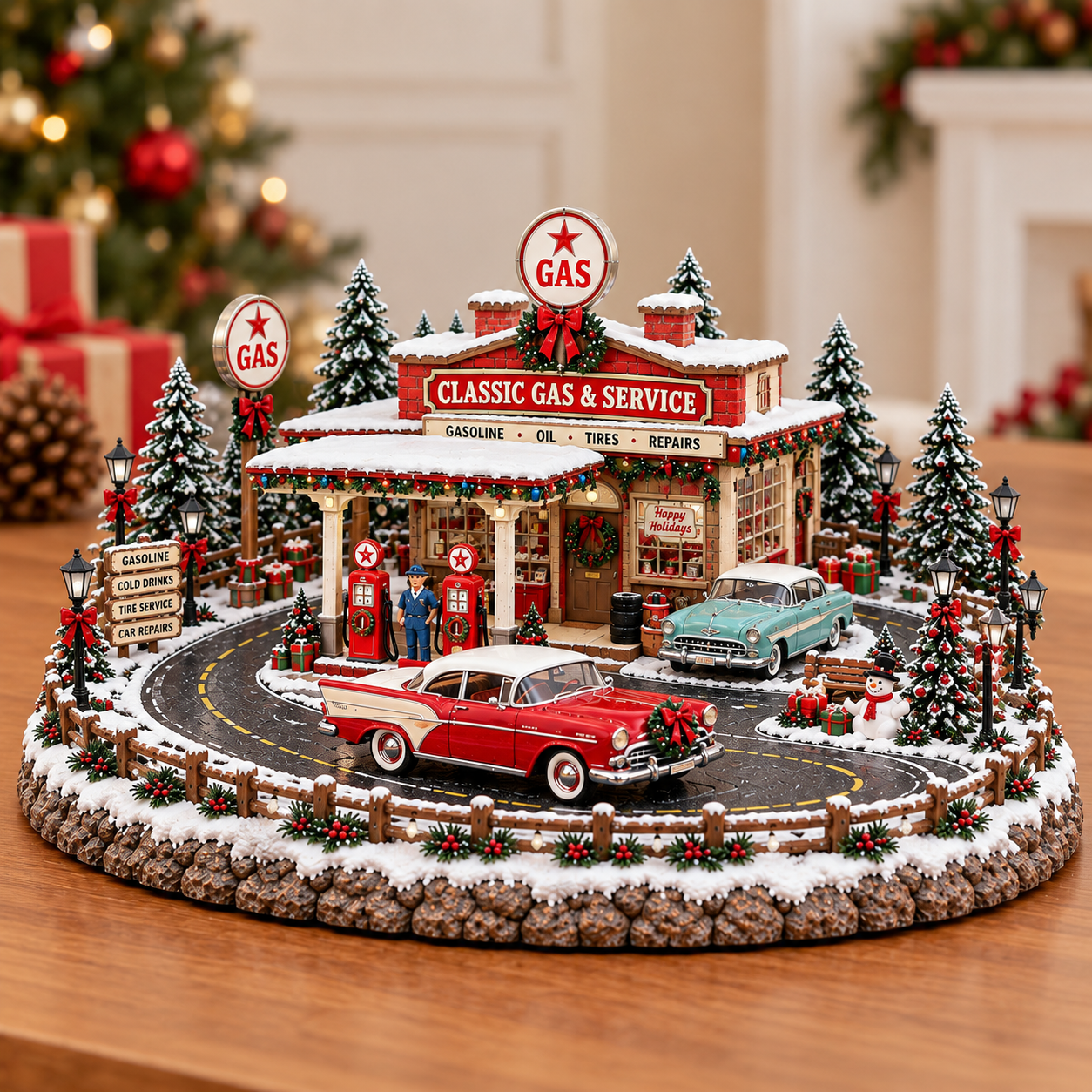 Christmas Classic Gas Station with vintage cars and snowy road