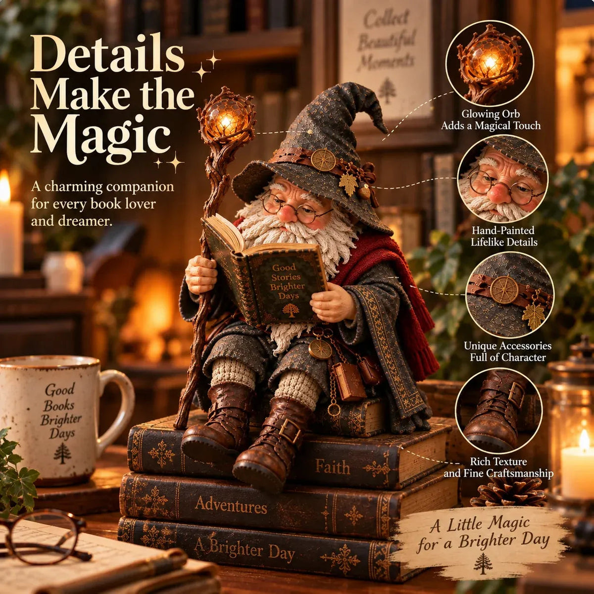 🧙‍♂️✨ Enchanted Book Lover Figurine – Whimsical Fantasy Reader Decor for Shelves, Desks & Cozy Reading Corners